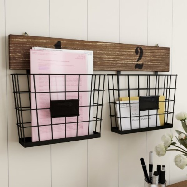 Hastings Home Hanging Double Wire Basket Organizer, Wall Mount Storage, Rustic Style Bins for Office and Home Decor 231930ECG